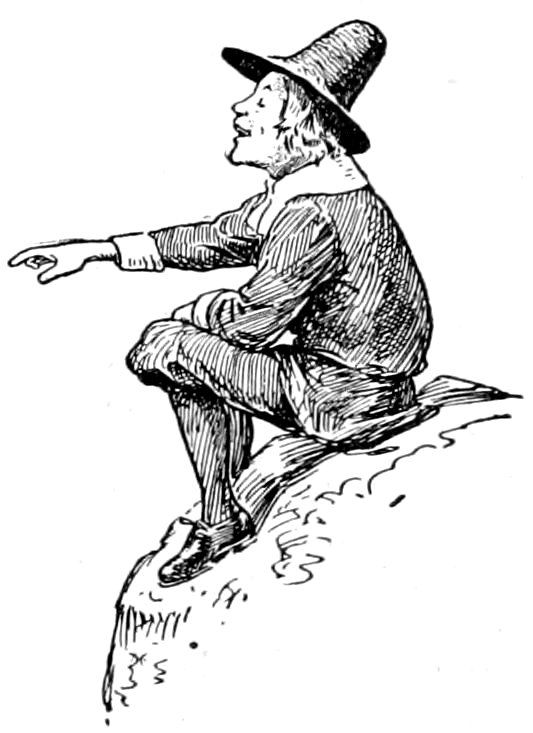 A man wearing a tall hat, jacket, and breeches sitting atop a mound or rock while pointing forward.