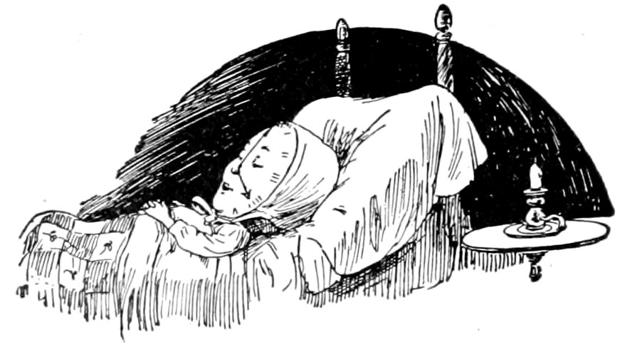 A clock-faced figure wearing a bonnet and sleeping peacefully in a bed with a lit candle on a bedside table nearby.