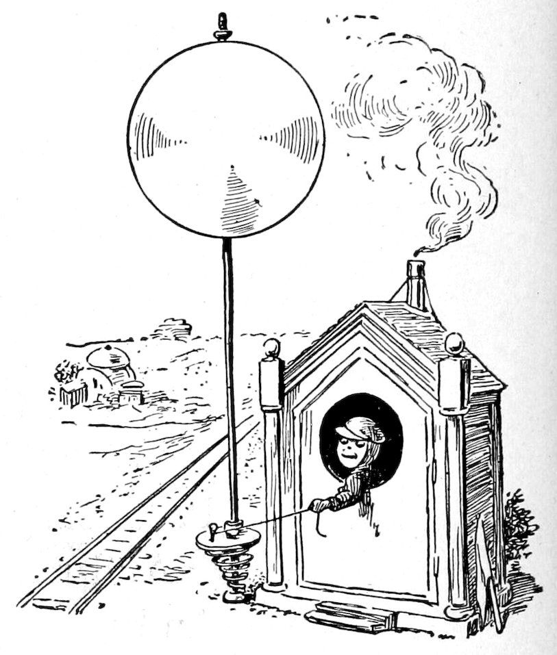 A person looking out from a round window of a small building next to railway tracks, holding a string or rod attached to a large round balloon-like structure on a tall pole.