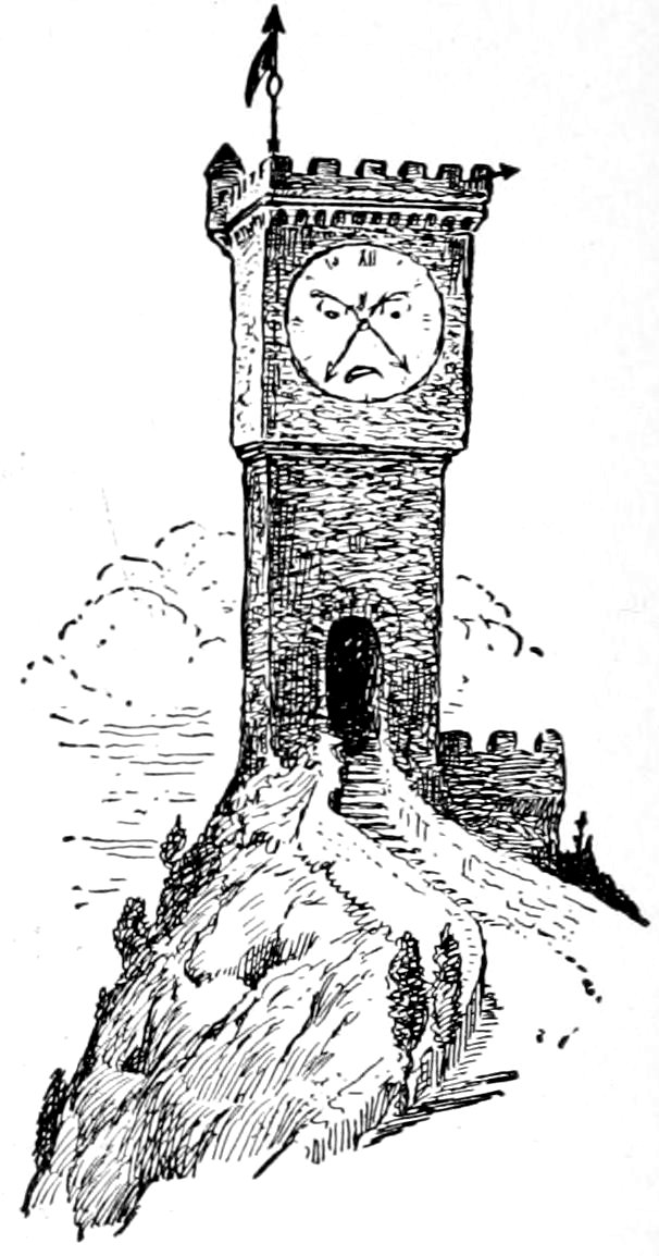 A stone clock tower standing atop a cliff, featuring a clock face with an angry expression and hands forming a frown, with a flag flying from the top.