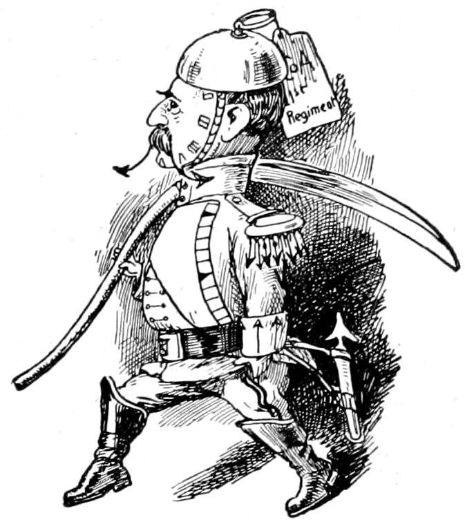 A clock-faced military figure wearing a spiked helmet with a tag that reads "Regiment" and carrying a large curved sword over his shoulder.