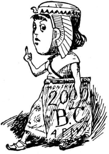 A woman wearing an Egyptian-style headdress and pointed shoes, walking while holding up a finger on one hand, with a garment or banner around their lower body displaying the text "MONTH", "2000 B.C.", and "4 P.M.".