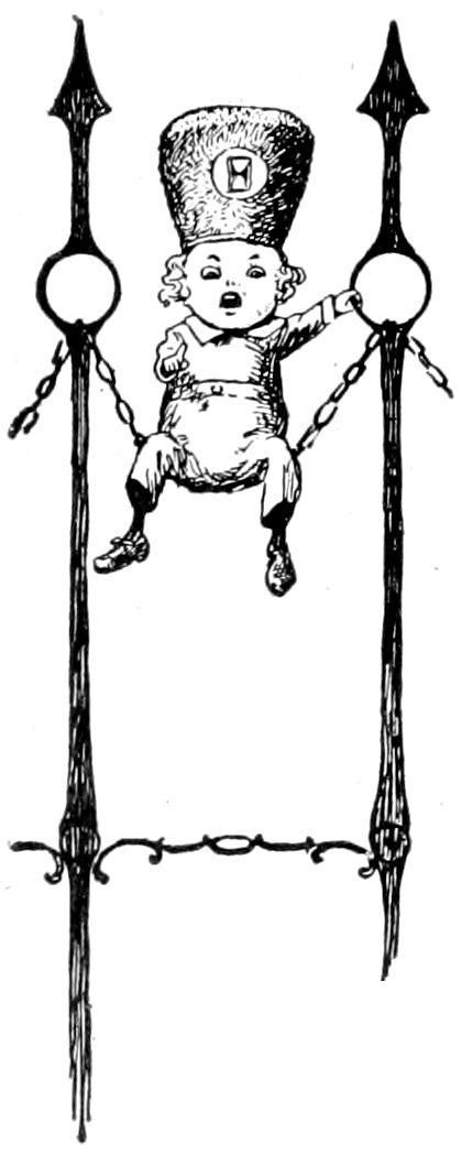 A small child wearing a furry hat with an hourglass insignia, sitting on a swing suspended between two large, arrow-topped clock hands connected by chains.