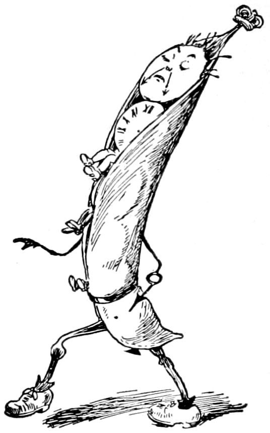 A clock-faced figure enclosed within a pea pod, equipped with arms and legs in shoes, walking while leaning back.