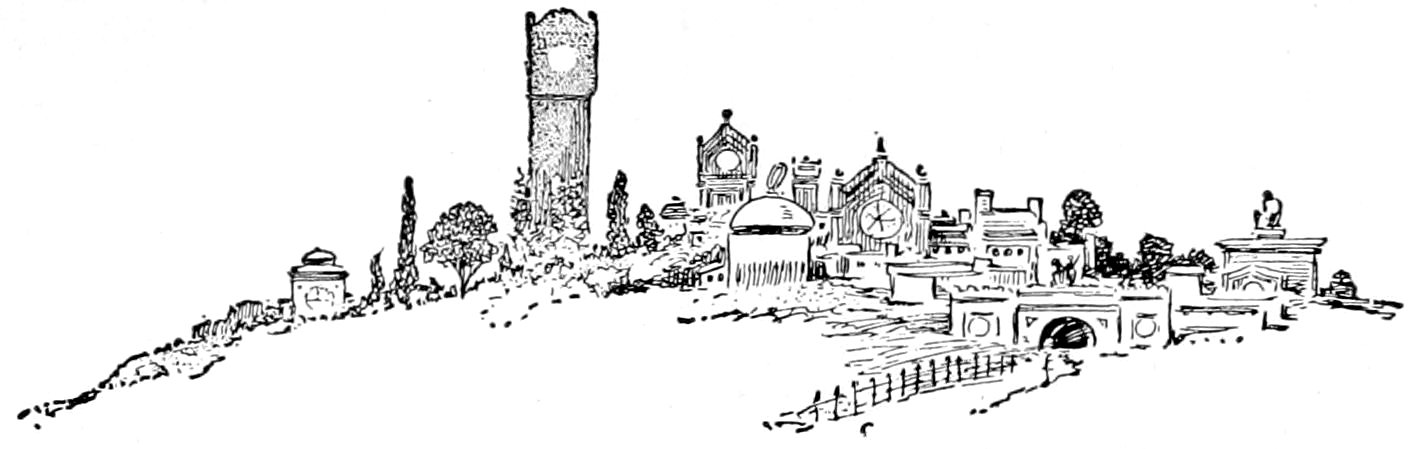 A distant panoramic view of a city or townscape featuring a prominent tall clock tower, domed buildings, and various architectural structures surrounded by trees and a bridge.