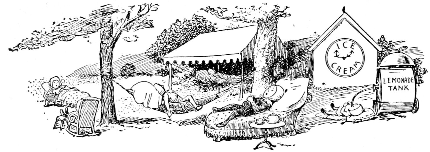 An outdoor resting scene featuring several figures relaxing: one lies in a bed on the left, another rests in a hammock strung between trees, a third reclines on a chaise lounge next to a small table with a teapot, and a fourth lies on the ground drinking directly from a spigot attached to a "LEMONADE TANK," next to a building labeled "ICE CREAM."