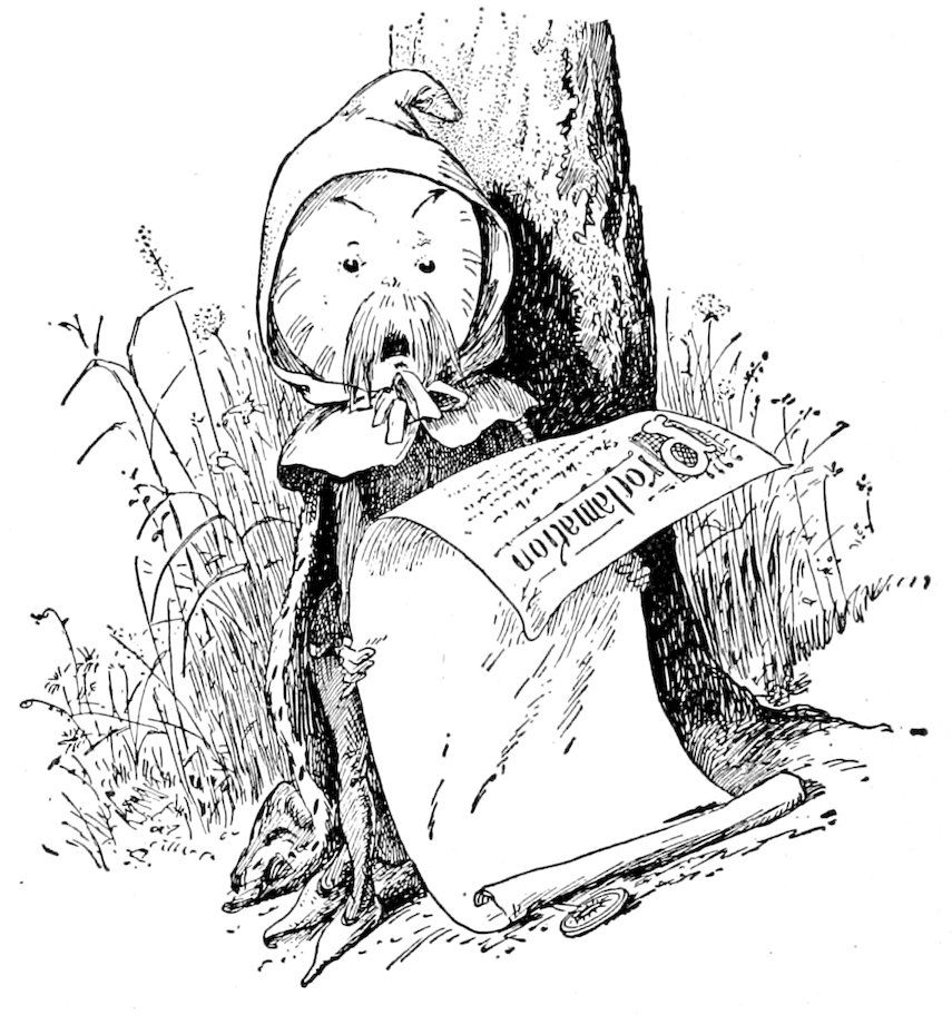 A cloaked and hooded figure with a long mustache standing against a tree, holding and reading a large scroll labeled "Proclamation."
