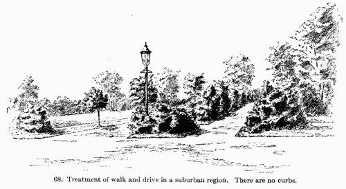 [Illustration: Fig. 68. Treatment of walk and drive in a suburban region. There are no curbs.]