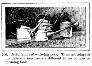 [Illustration: Fig. 209. Useful kinds of watering-pots. These are adapted to different uses, as are different forms of hoes or pruning tools.]