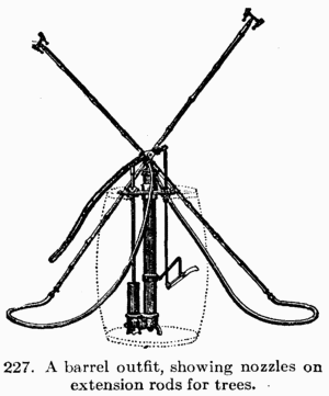 [Illustration: Fig. 227. A barrel outfit, showing nozzles on extension rods for trees.]