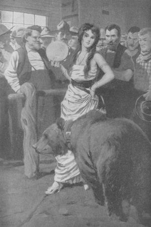 A slim, exquisitely formed woman in shimmering silk was
standing beside a huge brown bear. In another moment she bestrode the bear,
and the big beast lumbered up the street with its rider.