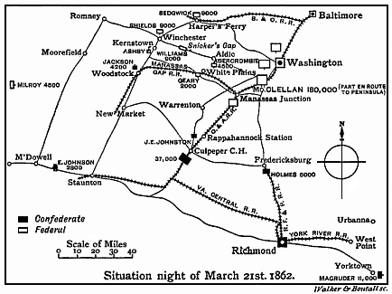 [Illustration: The situation on the night of March 21st, 1862.]