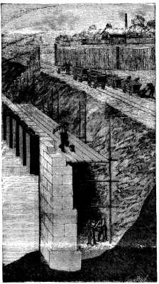  FIG. 1.&mdash;CONSTRUCTION OF A DOCK WALL BEHIND PAPONOTS IRON PILE PLANKS.