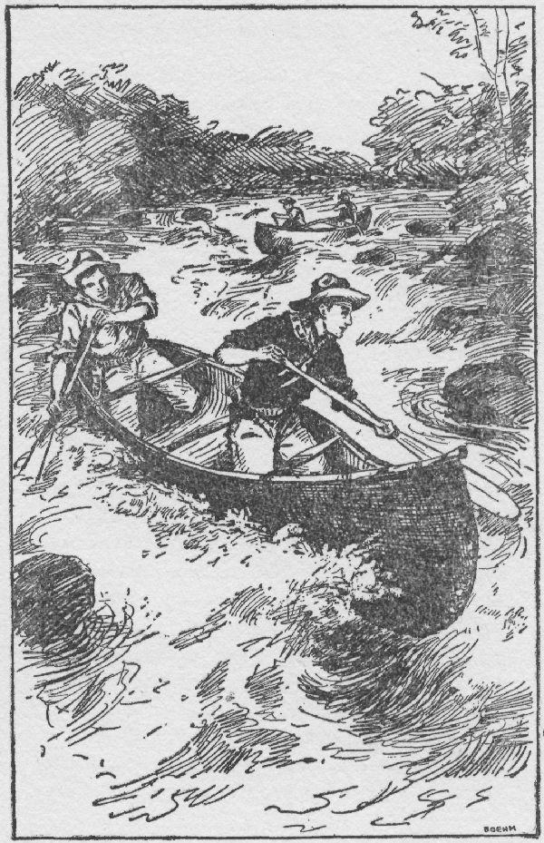 IMMEDIATELY THE TWO ADVENTUROUS CRUISERS WERE IN THE
RAPIDS.—Page 141. The Outdoor Chums After Big Game.