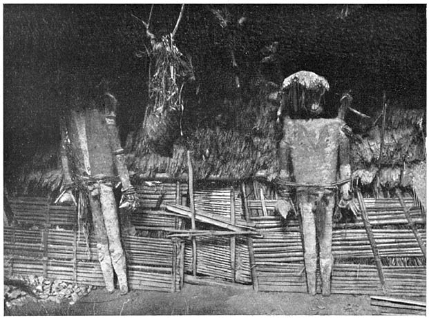 Het inwendige van een mannenhuis op Zuid-Malekula, met beelden van voorouders.