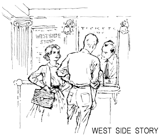 Illustration: Dave and Mary buying tickets to West Side Story.