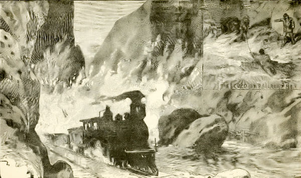 A GRAVEL-TRAIN RUNS AWAY FROM THE ADVANCING FLOOD.