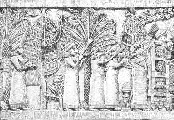 Fig. 27.—Feast of Assurbanipal; from Kouyundjik. British
Museum. Height 20 inches. No. 1, The servants of the feast.