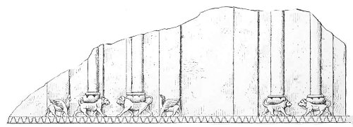 Fig. 86.—Faade of an Assyrian building; from a bas-relief
in the British Museum. Height 10 inches.