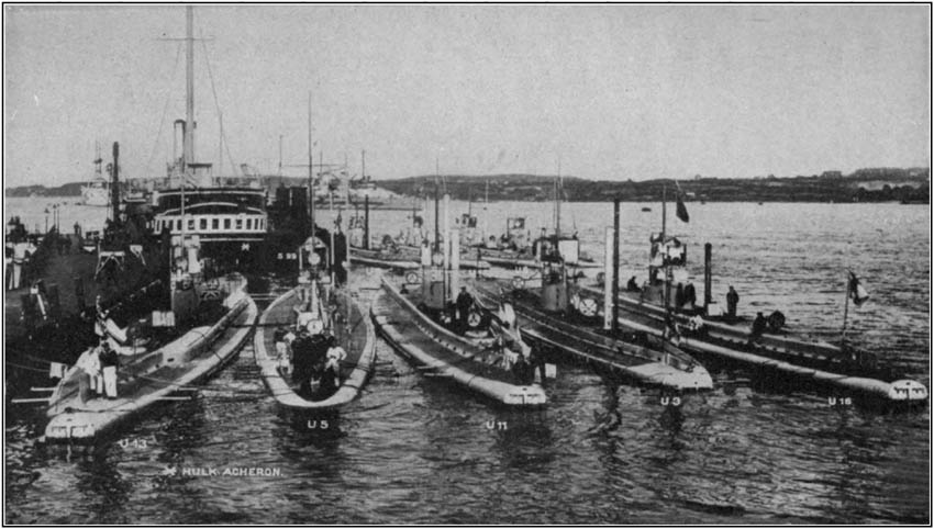 German Submarines U 13, U 5, U 11, U 3, AND U 16 in Kiel Harbor