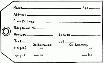 B. Tag for Scouts arriving in Camp. Should be 5" by 3" and filed for use in camp record.