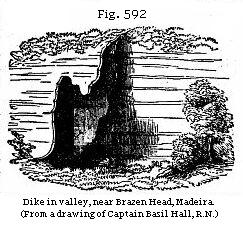 Fig. 592: Dike in valley, near Brazen Head, Madeira. (From a drawing of
Captain Basil Hall, R.N.)