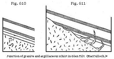 Fig. 610 and Fig.
611: Junction of granite and arbillaceous schist in Glen Tilt. (MacCulloch.)