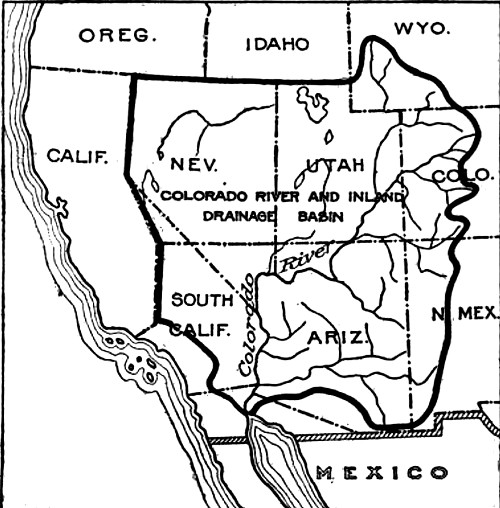 Map showing the Drainage Basin of the Colorado River and the
Corrected Boundary Line and Neutral Zone between the United States and
Mexico.

The area of the Drainage Basin of the Colorado River is 265,000 square
miles. Japan has an area of 147,655 square miles. That is a territory
smaller than the area of the Colorado River Drainage Basin in Arizona and
New Mexico.