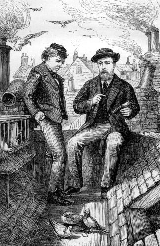 "He sprang out upon the roof of the house, and there, before the chimney stack, beside
his pigeon house, sat the vanished one."