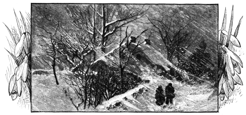 Winter scene: Couple walking toward cabin in blizzard