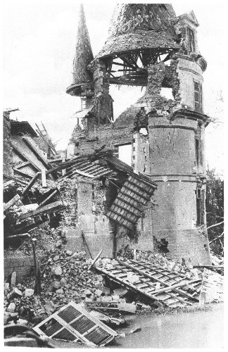 A French ch&acirc;teau shelled by the Germans after they had been driven from the village by Canadians