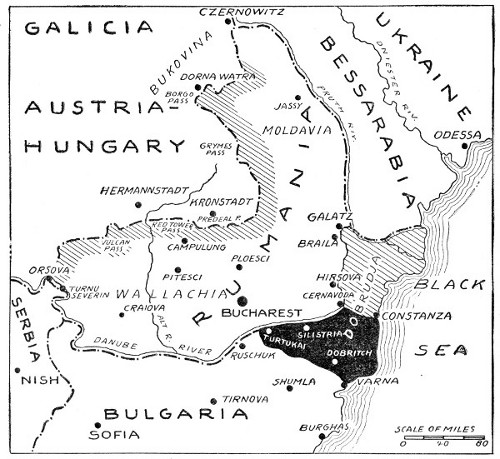 RUMANIA AND ITS LOST TERRITORY: THE BLACK AREA SHOWS THE SOUTHERN PART OF DOBRUDJA, WON FROM THE BULGARS IN THE LAST BALKAN WAR, WHICH RUMANIA IS FORCED TO RETURN TO BULGARIA. THE SHADED AREA&mdash;NORTHERN DOBRUDJA&mdash;WHICH INCLUDES THE MOUTHS OF THE DANUBE AND RUMANIA'S ONLY ACCESS TO THE BLACK SEA, IS CEDED TO THE CENTRAL POWERS, WHO WILL ADMINISTER IT THROUGH A MIXED COMMISSION. THE SHADING ALONG RUMANIA'S WESTERN BORDER INDICATES THE AUSTRO-GERMAN 