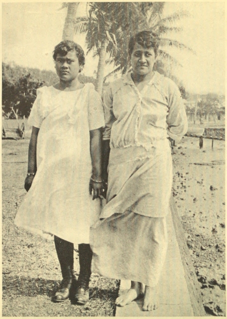 CONTACT WITH CALIFORNIA CREATED THIS COMBINATION
OF SCOWL, BRACELETS AND BOY'S BOOTS—BUT FULAANU BESIDE HER WAS UNCORRUPTIBLE