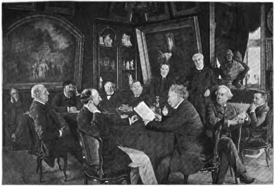 THE COMMITTEE ROOM OF THE COMÉDIE FRANÇAISE: ALEXANDRE
DUMAS (THE YOUNGER) READING A PLAY.

(From the painting of Laissement in the Comédie Française.)