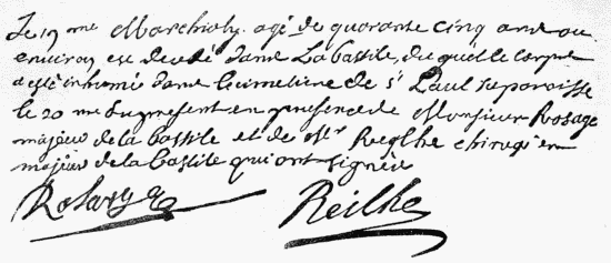 Burial certificate of the masked prisoner (November 20, 1703),
reproduced from the facsimile in the sixth edition of The Man in
the Iron Mask, by Marius Topin, 1883. The original, in the city
archives of Paris, was destroyed in the conflagration of 1871.
