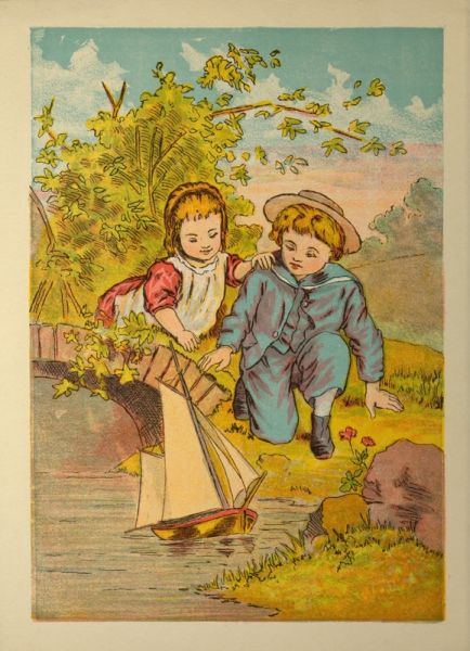 George and his sister Lillie are having a nice time sailing
     their little boat in the brook.