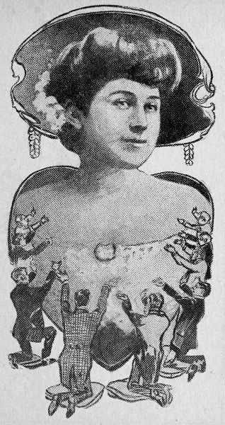 (Men on
knees, arms stretched towards large image of a heart-shaped lady)