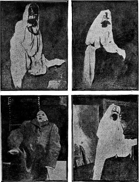 Famous Artist's Explanation of Scientific Ghost

Upper Row (left) Real Ghost. (right) Marx's Imitation.
Lower Row (left) Fake Ghost & drawings by von Marx Showing Make up