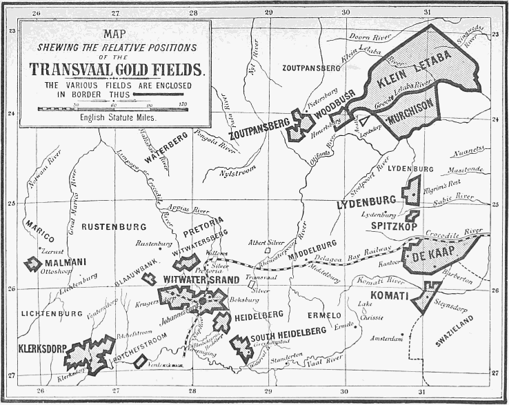 MAP SHEWING THE RELATIVE POSITIONS
OF THE TRANSVAAL GOLD FIELDS.