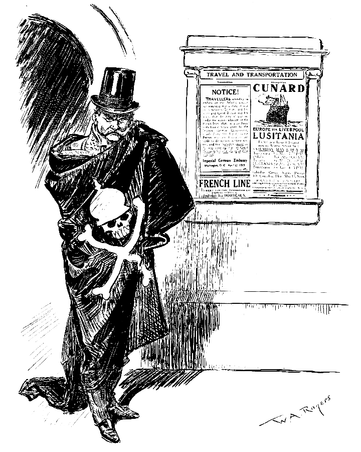 Count Von Bernstorff wearing a death-head cloak standing
        next to the announcement