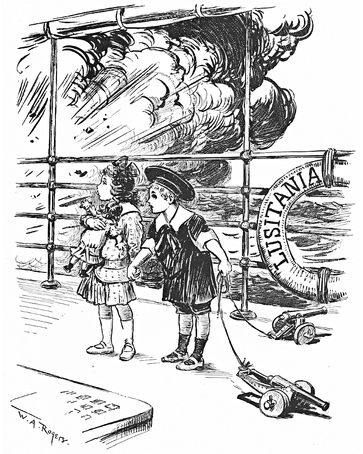 Small children on the deck of the Lusitania; one with
            a cannon pull toy.