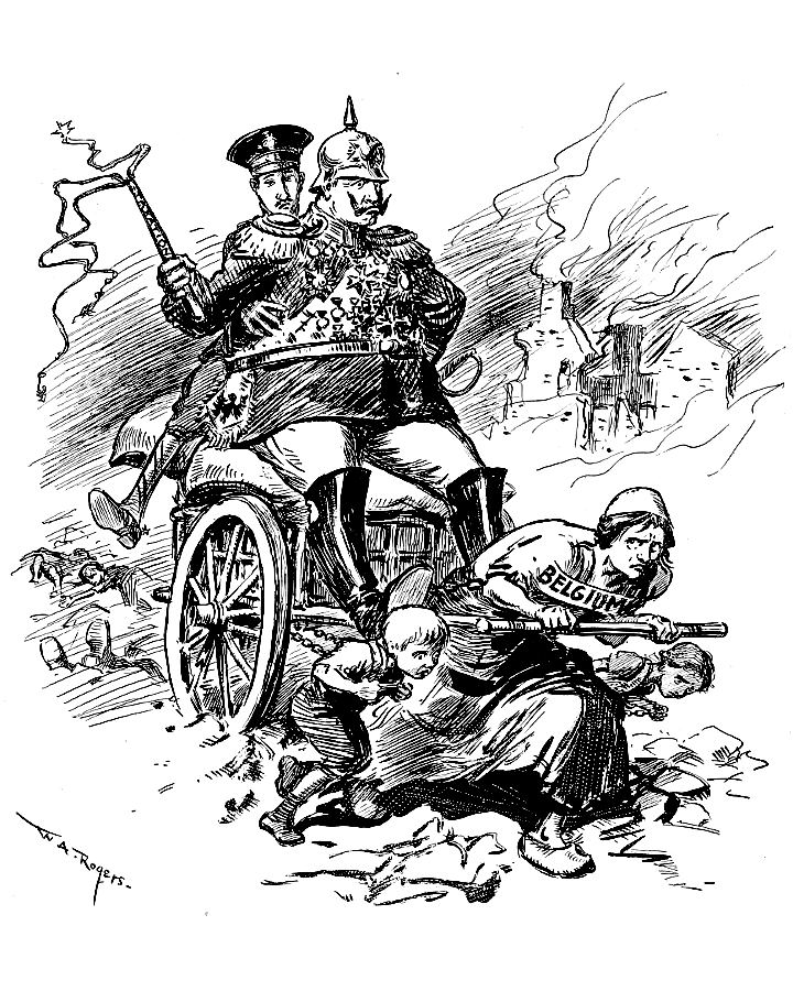 The Kaiser and Crown Prince using Belgian women and children
            as a work horse.