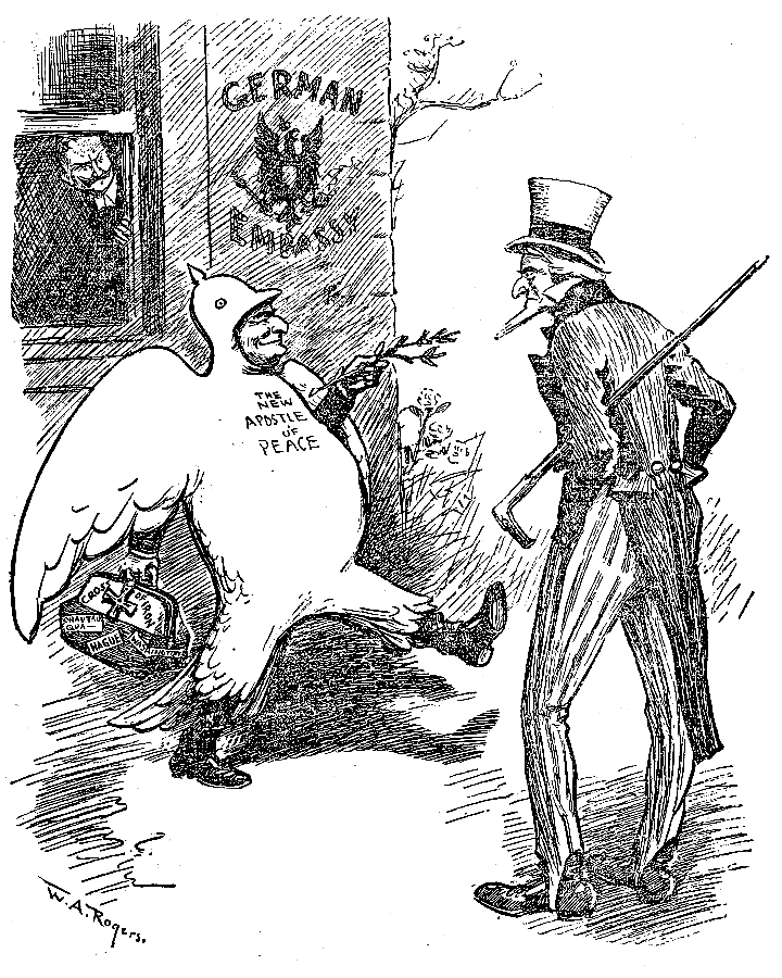 William Jennings Bryan, dressed like a dove, 'goose-stepping'
             in front of the German Embassy