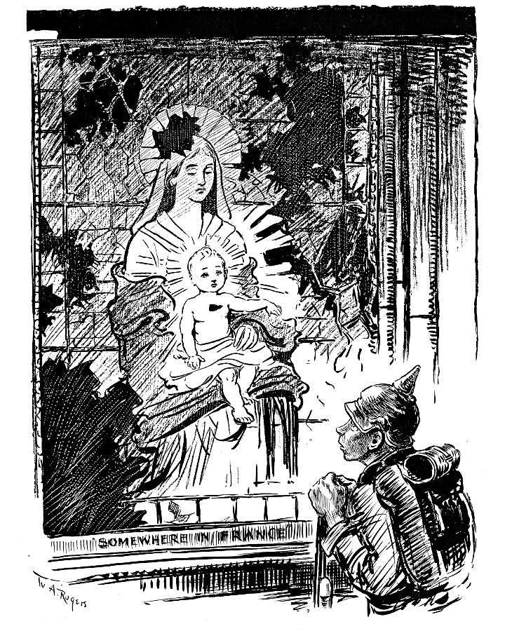 Young German soldier looking at a broken stained-glass window.