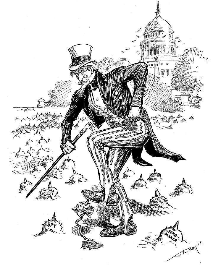 Uncle Sam in a German mine-field in front of the U.S. Capitol.
