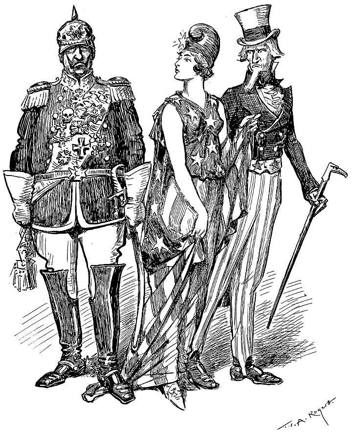 The Kaiser, &lsquo;Liberty&rsquo; and Uncle Sam; the
             Kaiser stepping on Liberty's dress.