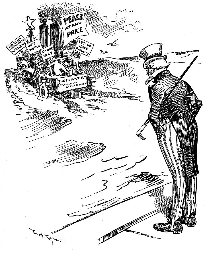 Uncle Sam watching the 'peace ship' depart.