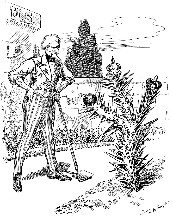 Spiked plant with guns, bomb, pickelhaube (spiked
             helmet), and Pelzm&uuml;tze (cavalry hat); nearby:
             Uncle Sam with a hoe.