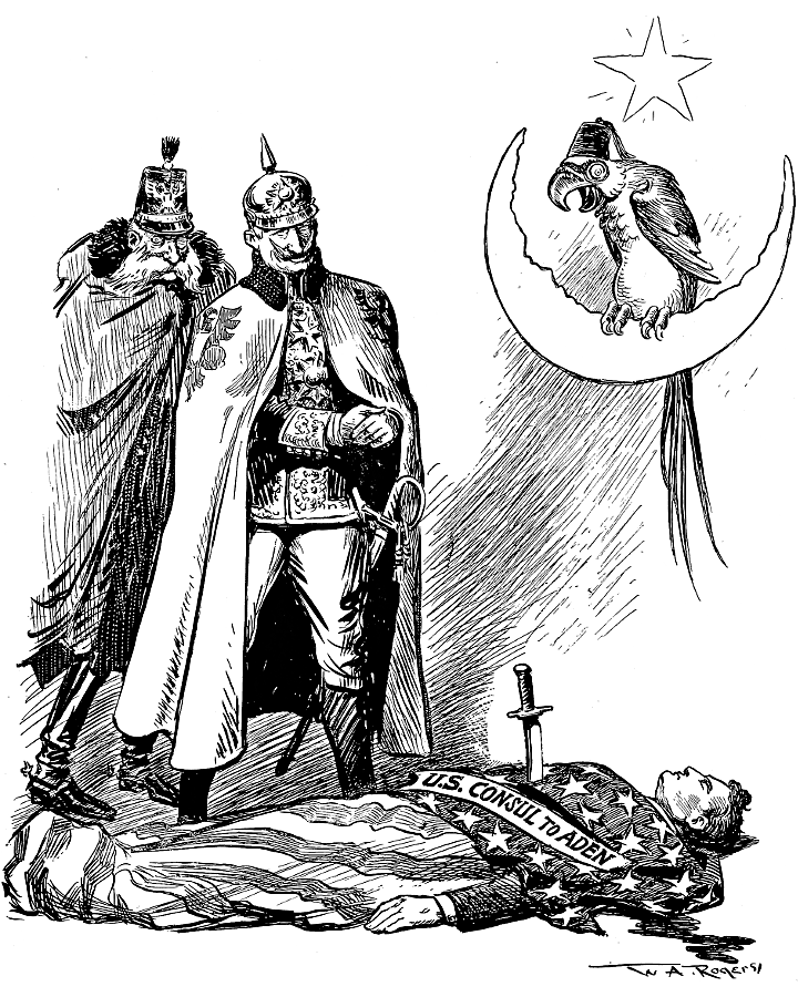 Emperor Franz Joseph, Kaiser Wilhelm, and an Ottoman
             parrot viewing the body of the U.S. consul.