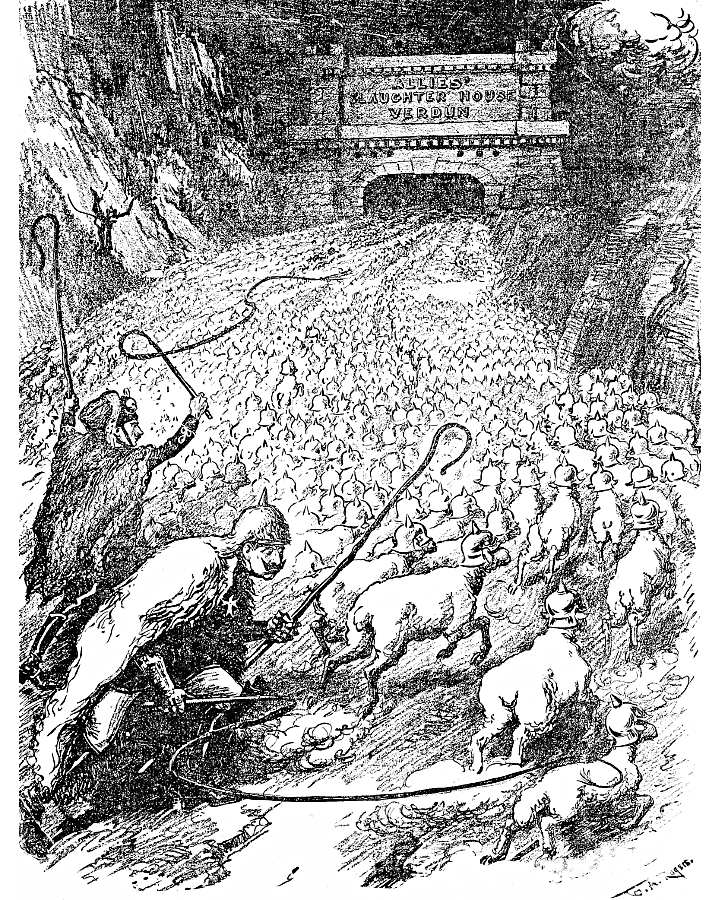 The Crown Prince and Kaiser herding sheep wearing pickelhaube
             to Verdun